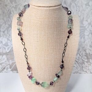 Fluorite Stone Beaded Necklace Purple Green Healing Clarity Balance Crystal